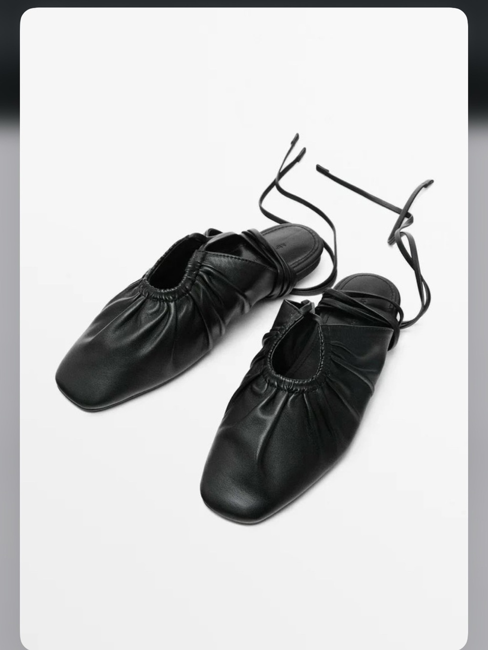 Massimo Dutti Black Ruched Lace-Up Ballet Flats
